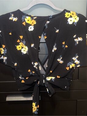 H&M Black Floral Tie-Front Blouse with Yellow & White Flowers